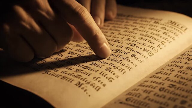 Hand Reading Ancient Manuscript Focus Light Dramatic Sepia Tone Old Book Research