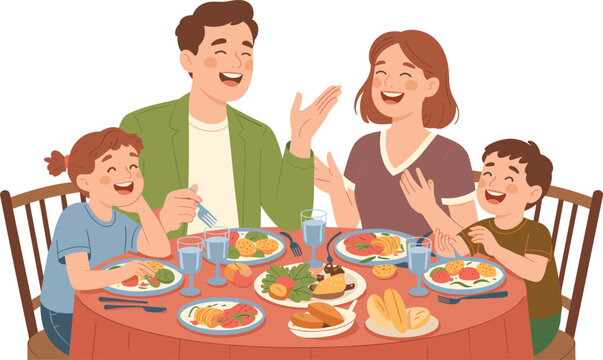 Family dinner table, joyful meal, healthy food, indoor bonding, smiling faces, bread rolls, fruit platter, water glasses, togetherness, love