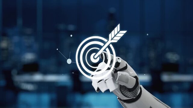 A robotic hand points towards digital target icons in a modern office, symbolizing the intersection of technology, strategy, and data-driven innovation. Synapse