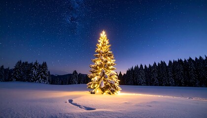 Snowy winter scene featuring a illuminated tree beneath starry sky