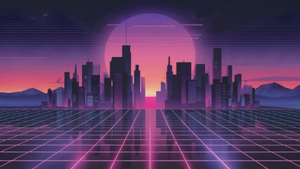 Retro cityscape glows with neon sunset over grid landscape - Powered by Adobe