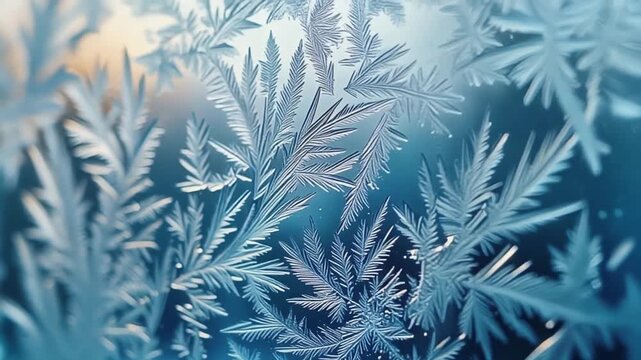 Intricate ice crystals form delicate, fern-like patterns on a cold window pane, creating a beautiful winter scene with a frosty texture. - Powered by Adobe