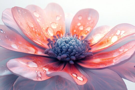 Floral Elegance: Close-up of delicate flower with soft pink petals, water droplets, and detailed texture in a natural setting. 