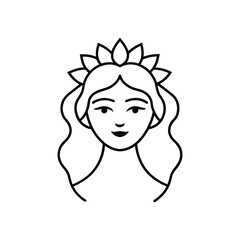 Abstract Female Face with Floral Crown - Elegant Line Art Portrait of Woman with Botanical Headdress for Minimalist Design