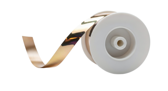 Closeup of a roll of gold foil tape on a white plastic spool, isolated on transparent background
