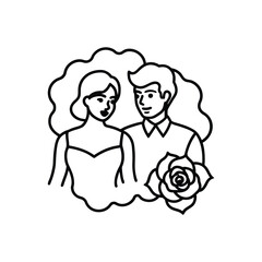 A minimalist line art portrait of an elegant couple in love, adorned with a rose. Vector icon illustration for romance and relationships