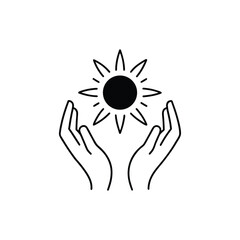 Line art of hands gently cupping a radiant sun symbol, representing warmth, hope, and spiritual connection