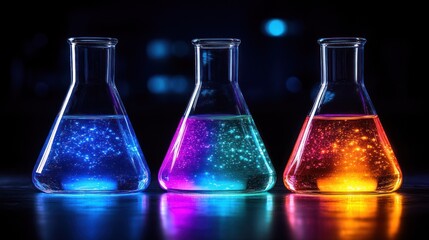 Three beakers, vibrant colors, glowing liquids