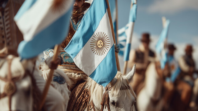 Gauchos proudly waving Argentinian flags on horseback during national Gaucho Day cultural celebration