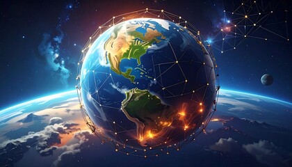 A vibrant rendering of Earth, ringed by a network of interconnected points, floating in space with another celestial body in the background