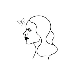 Graceful minimalist line art portrait of a woman's profile, delicately adorned with a butterfly, evoking a sense of calm, natural beauty, and subtle elegance in a modern design