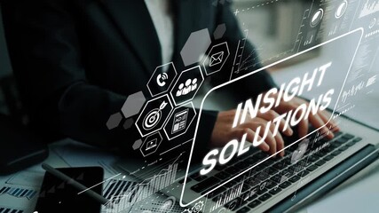 Professional business person working on laptop with digital interface showcasing insight solutions for modern enterprises and analytics. Asymptotic smart data analytic. - Powered by Adobe
