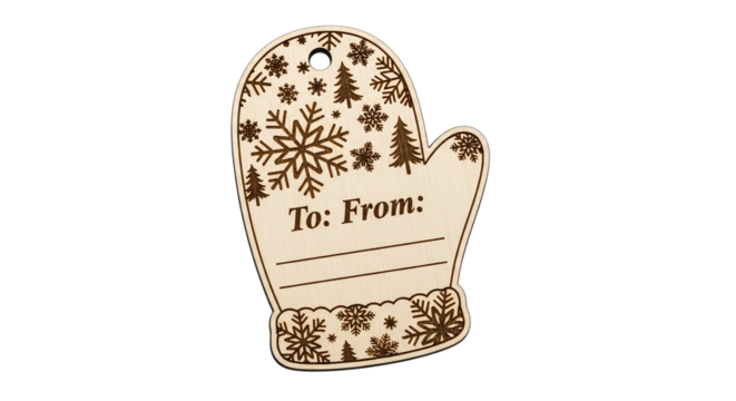 Wooden mitten gift tag isolated on transparent background, featuring snowflakes and fir trees, perfect for adding a personal touch to holiday presents - Powered by Adobe