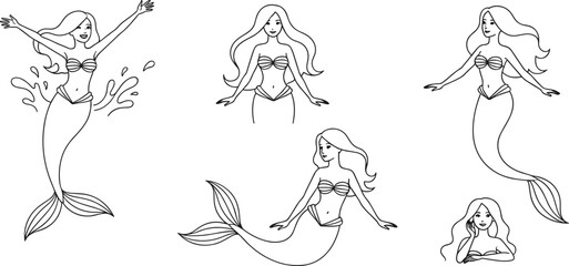 Mermaid illustration set, stylized sea creature art, black and white vector, fantasy character drawing, aquatic mythology, graceful mermaid poses