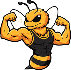Muscular bee mascot, strong insect character, cartoon bee illustration, athletic bee design, confident pose, vector art, sports branding icon