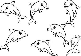 Playful dolphin cartoon set, smiling sea animal illustration, black line drawing, marine creature poses, vector ocean icon, aquatic sketch