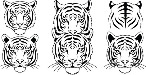 Tiger head vector set, stylized animal illustration, black and white tiger art, stripe pattern study, wildlife iconography, bold sketch design