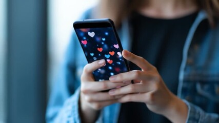 Person holding smartphone displaying hearts on screen social media interaction technology connection - Powered by Adobe