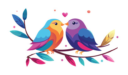 Naklejka premium Two colorful birds perched on a branch sharing a tender moment