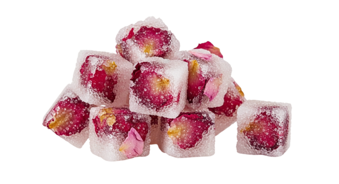 Pile of ice cubes with frozen rose petals isolated on transparent background, a refreshing and visually appealing way to chill drinks or add a touch of elegance
