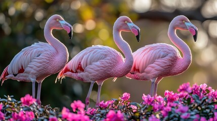 Three pink flamingos stand amidst vibrant pink flowers