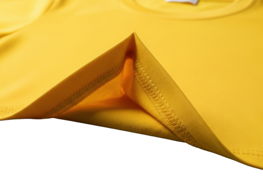 Extreme close-up of a vibrant yellow round-neck t-shirt, ultra-soft cotton fabric folded to reveal intricate inner seam and plush reverse, on a transparent background. Textile quality concept
