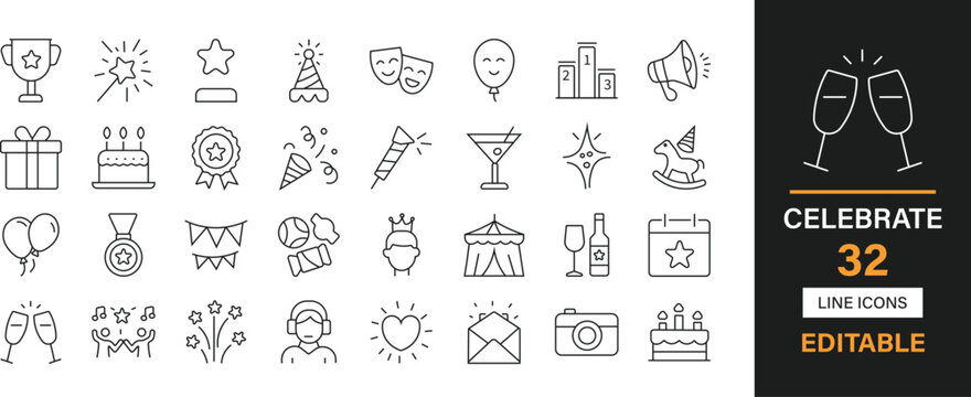 Celebrate 32 editable line icons pack. Party, birthday, gift, balloons, fireworks, confetti, party hat, cake, ribbon, toast, festivity, event and more icons.