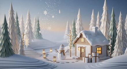 Fototapeta premium Scandinavian Winter Papercraft Cabin in Snow Forest with Cozy Warm Lights