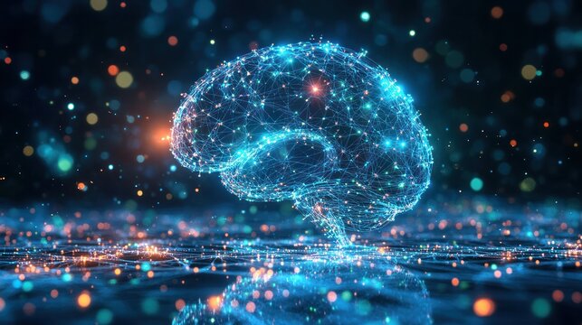 Digital Brain: An artistic portrayal of a luminous, digital brain, illustrating the intricacies of thought and the nexus of innovation, with intricate details and a vibrant glow.