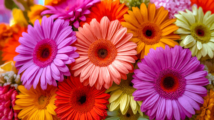 Vibrant, colorful gerbera daisy bouquet featuring pink, yellow, orange, and red blossoms against a bright background, perfect for spring or summer floral designs
