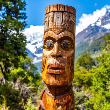 Intricate Maori Carving Against a Stunning Mountain Backdrop in New Zealand.