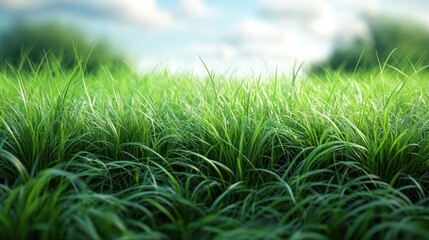 Fototapeta premium Green field: close-up shot captures the vibrant green of a field with lush grass, under a bright blue sky. 