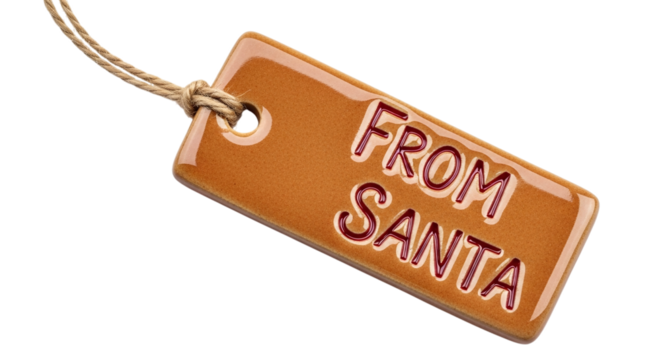 Closeup of a brown gift tag with the words from santa isolated on transparent background, perfect for christmas presents and holiday greetings