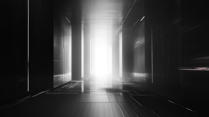 Mysterious corridor with illuminated exit abandoned building digital art dark environment perspective enigmatic atmosphere