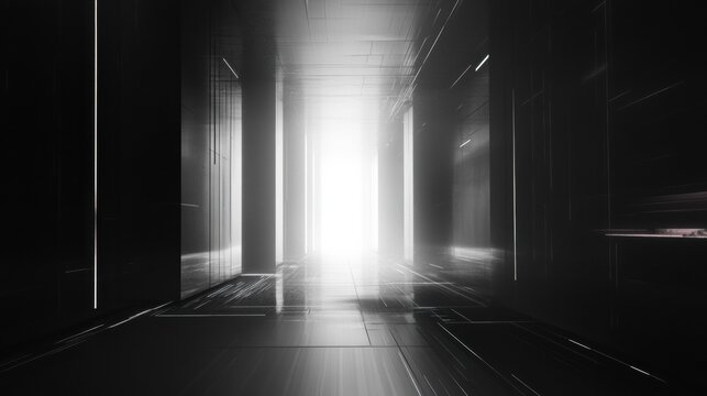 Mysterious corridor with illuminated exit abandoned building digital art dark environment perspective enigmatic atmosphere