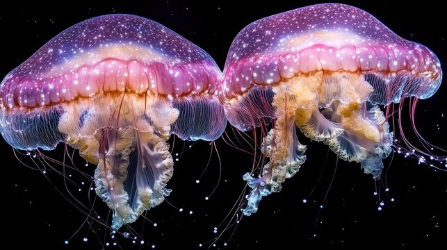 Two bioluminescent jellyfish, vibrant pink and purple, float against a black backdrop