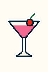 Simple Vector Cocktail Glass Sticker. Solid Pink Liquid, Green Stem, and Red Cherry on White Background.