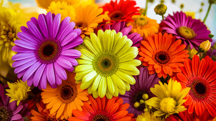 Bright and colorful Gerbera daisies bouquet in bloom, showcasing pink, orange, yellow, and red spring flowers from nature
