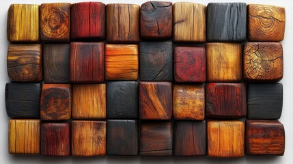 Craftsmanship of Colors: An artful composition of wooden blocks, each showcasing unique hues and textures, arranged in an aesthetic display of organic materials and artistic expression.