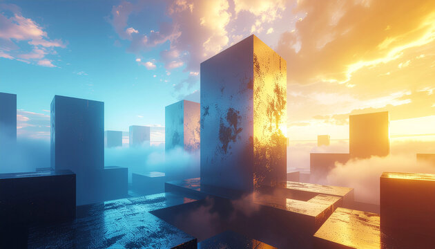 Abstract futuristic cityscape with towering monolithic structures under a dramatic gradient sky.