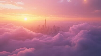 Sunset over new york skyline cityscape cloudy atmosphere aerial view serenity and urban beauty