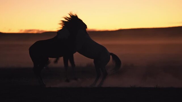 Wild horses play fighting at colorful sunset in the desert in Utah.