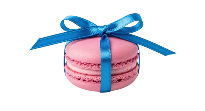 Pink macaron with a blue ribbon isolated on transparent background, a delightful treat perfect for gifts, celebrations, or simply enjoying a sweet moment