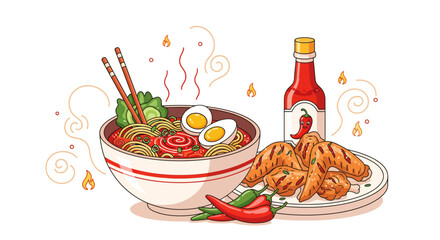 Spicy ramen noodle soup with chicken wings, chili sauce, and fresh peppers, illustrating hot and flavorful Asian cuisine.