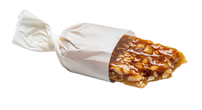 A delicious peanut brittle candy wrapped in white paper isolated on transparent background, a sweet treat for any occasion and a perfect snack
