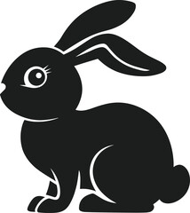 Black rabbit silhouette with large ears and detailed eye on white background