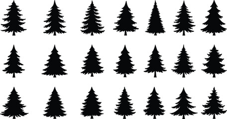 Black pine tree silhouette vector set, evergreen spruce forest collection, conifer nature icons, minimal Christmas tree clipart, woodland illustration, natural graphic design