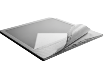 Extreme close-up macro of a blank instant photograph with a torn, curling corner revealing fibrous layers, pristine and isolated on a transparent background with dramatic studio light. Concept of