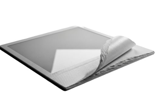 Extreme close-up macro of a blank instant photograph with a torn, curling corner revealing fibrous layers, pristine and isolated on a transparent background with dramatic studio light. Concept of