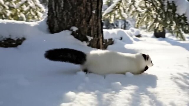 White ferret walking on a snowy log in a winter forest, looking down Horizontal